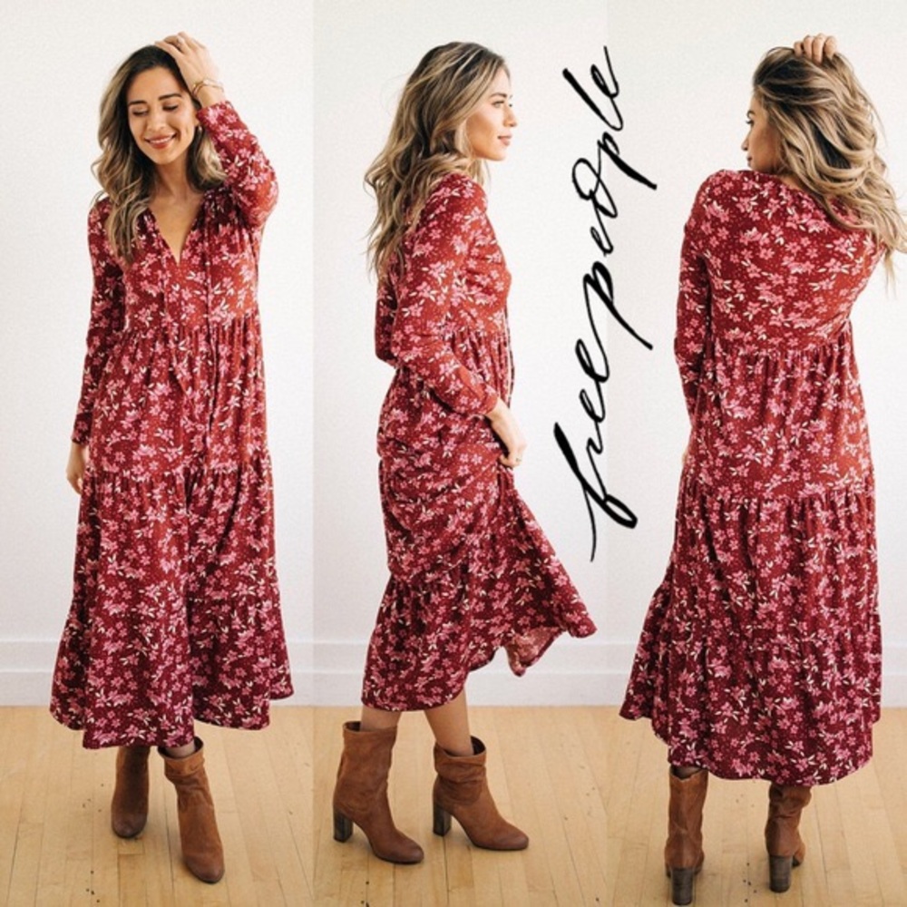 NWT Free People Tiers of Joy Dress Floral Burgundy